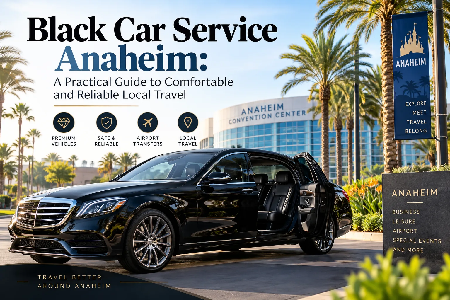 Black car service in Anaheim — luxury black SUV with professional chauffeur ready for pickup
